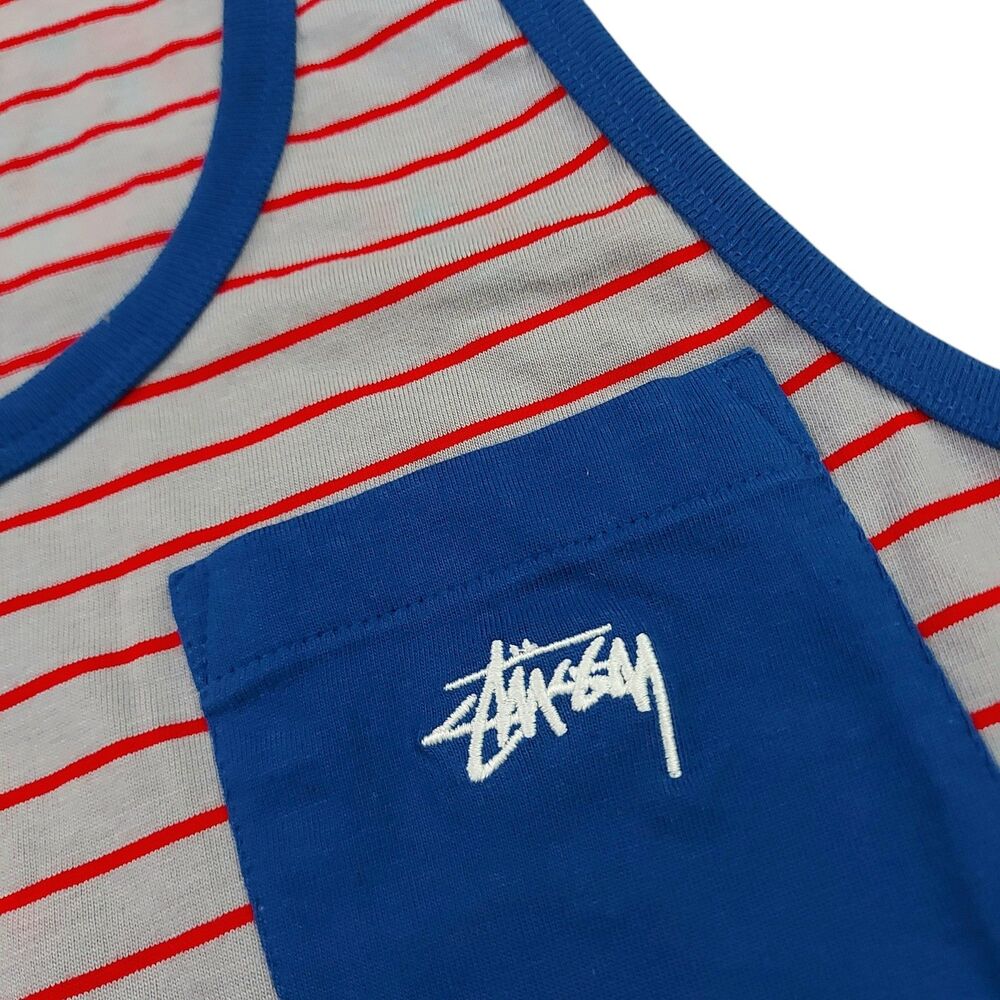Stüssy Tank Top Mens Small Gray Red Stripes 100% Cotton Lightweight Soft Fabric - Picture 4 of 11